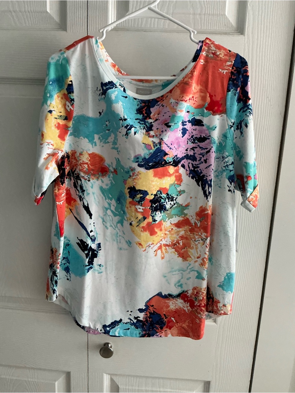 Chico's Color Splash Short Sleeve Tee in White, Turquoise & Coral